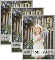 Set di 3 Cornici Foto 50x70 cm con Passepartout, Portafoto da Parete e Tavolo, Verticale o Orizzontale, in Legno Massiccio, Argento