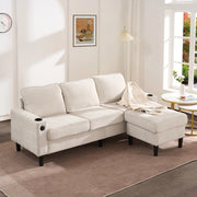 Divano a L beige 3 posti in lino con pouf componibile 202x137x80 cm, prese USB e Type-C integrate