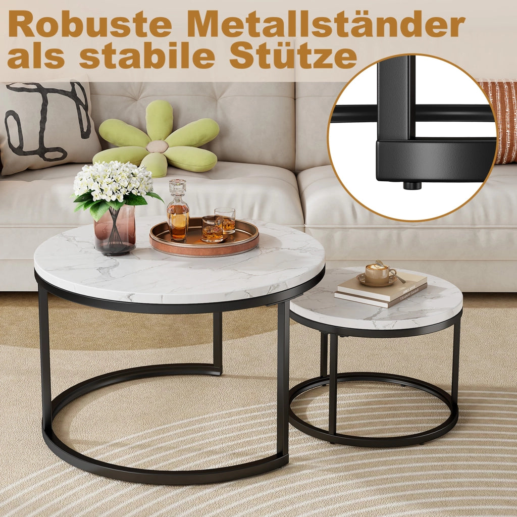 TAVOLINI DA CAFFÈ Set 2 Pezzi 70x70x45 cm Effetto Marmo Bianco con Struttura Nera