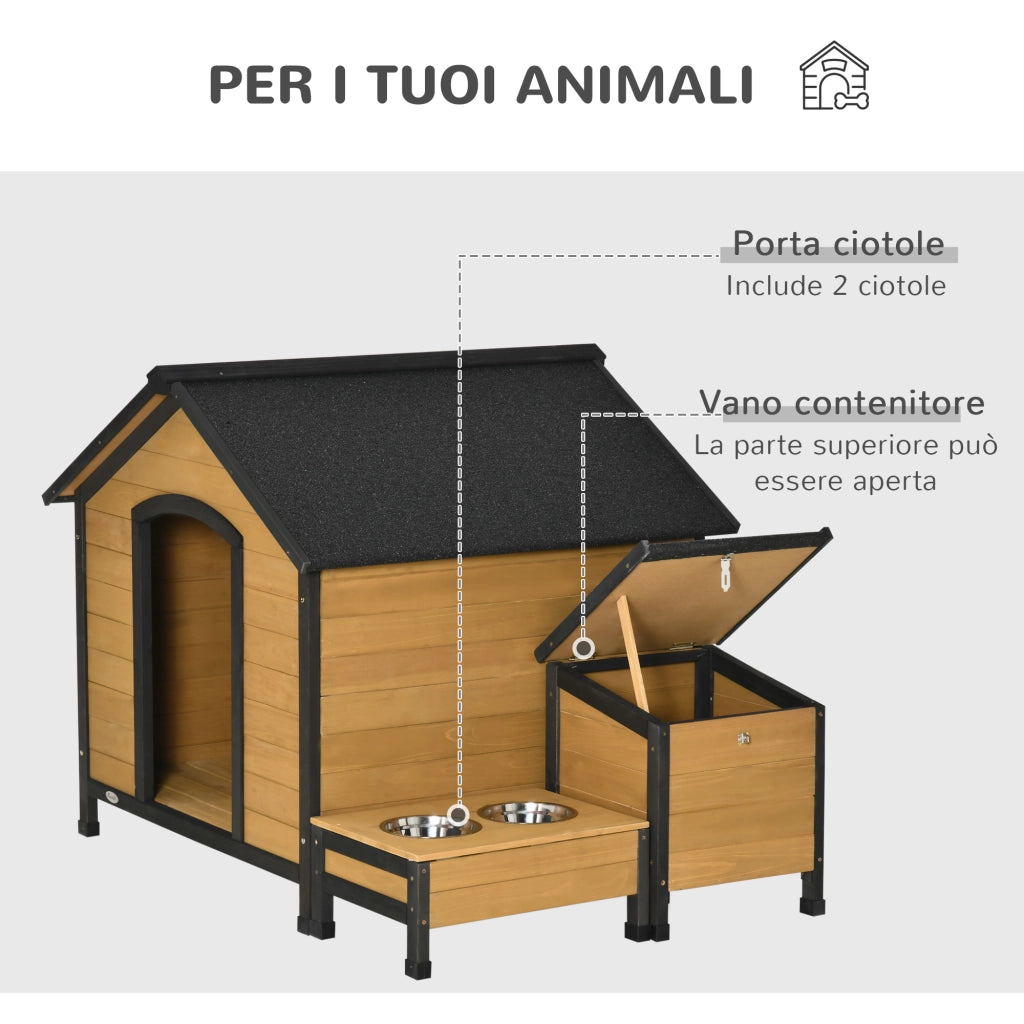 Easycomfort Cuccia per Cani Taglia Media con 2 Porta Ciotole, Box Esterno e Tetto in Bitume, 130x93x92cm