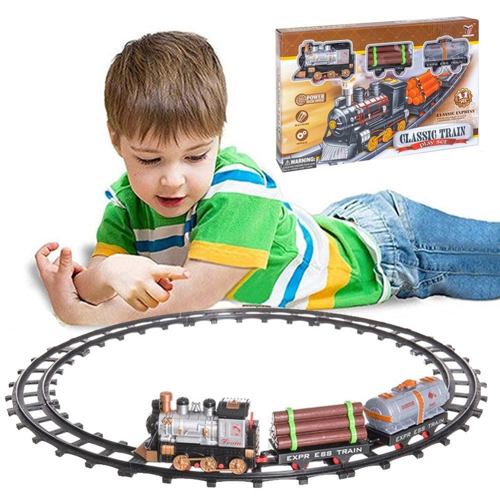 Trade Shop - Pista Treno Trenino Per Bambini Lunghezza 144cm Con Binari Locomotiva E 2 Vagoni -