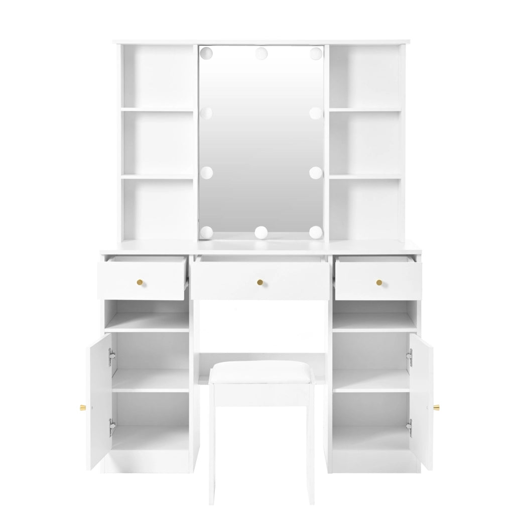 Toeletta con specchio LED 110x40x151 cm; 3 cassetti e 2 ante bianca HOMVRA