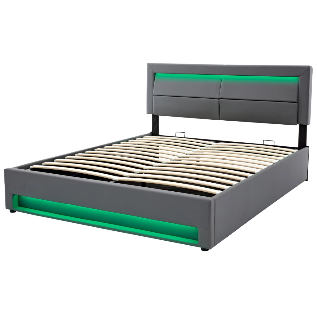 Letto imbottito 140x190 cm con USB; LED e contenitore; PU; grigio