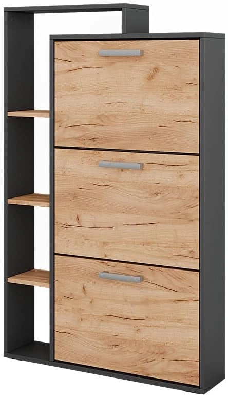 Scarpiera da ingresso Orlando, Quercia dorata/antracite, 80 x 128.3 cm con 3 scomparti pieghevoli