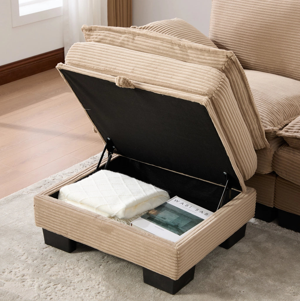 Divano 2 posti con pouf contenitore; USB-C; tessuto corduroy khaki; 190 cm