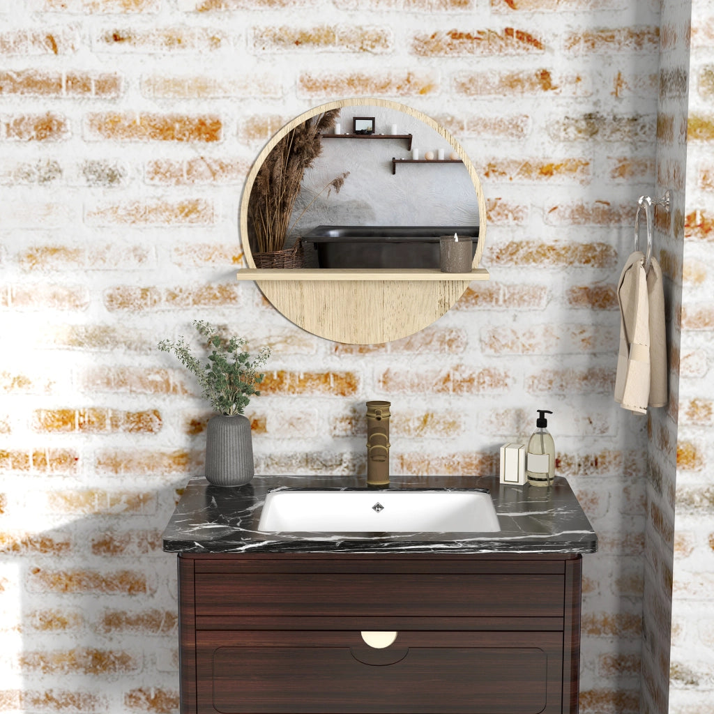 Specchio Bagno Rotondo in Truciolato e Vetro con Ripiano Portaoggetti e 2 Ganci Posteriori, ?45x10 cm