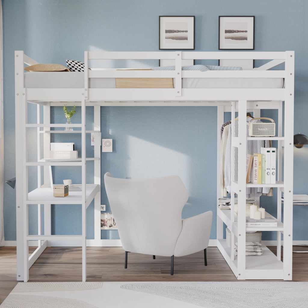 OKWISH Letto a soppalco 140×200 cm, Letto Matrimoniale con Scrivania, Mensole e Appendiabiti, senza Materasso, in Legno, Bianco