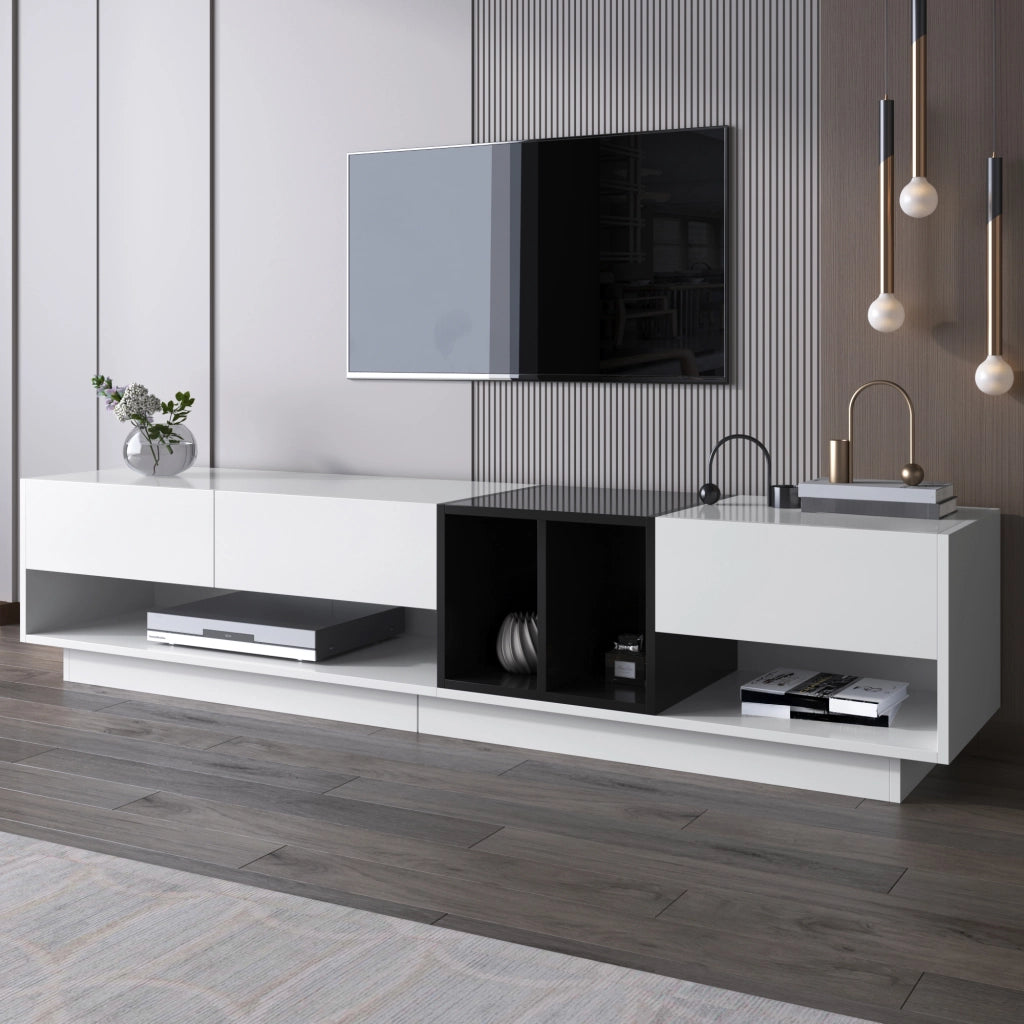 MOBILE TV 190x40x42 cm Bianco e Nero Lucido in Truciolare con 3 Cassetti
