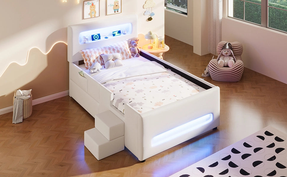 Letto imbottito con scala, cassetti, LED e USB, 90x200 cm, bianco