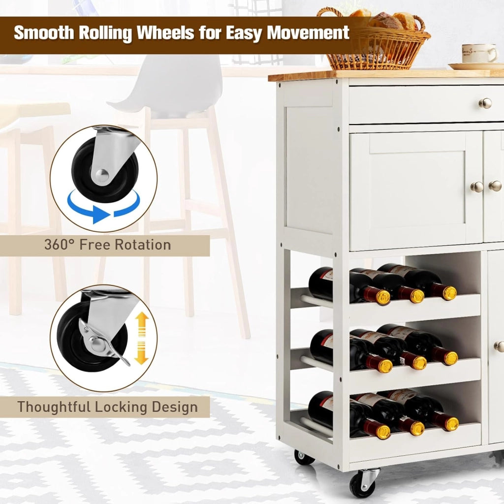 Carrello centrale con ripiani e piano di lavoro in legno di hevea, carrello con ruote e cassetto, 2 armadi, portabottiglie a 3 livelli, carrello con ruote, 67 x 37 x 86 cm (Bianco)