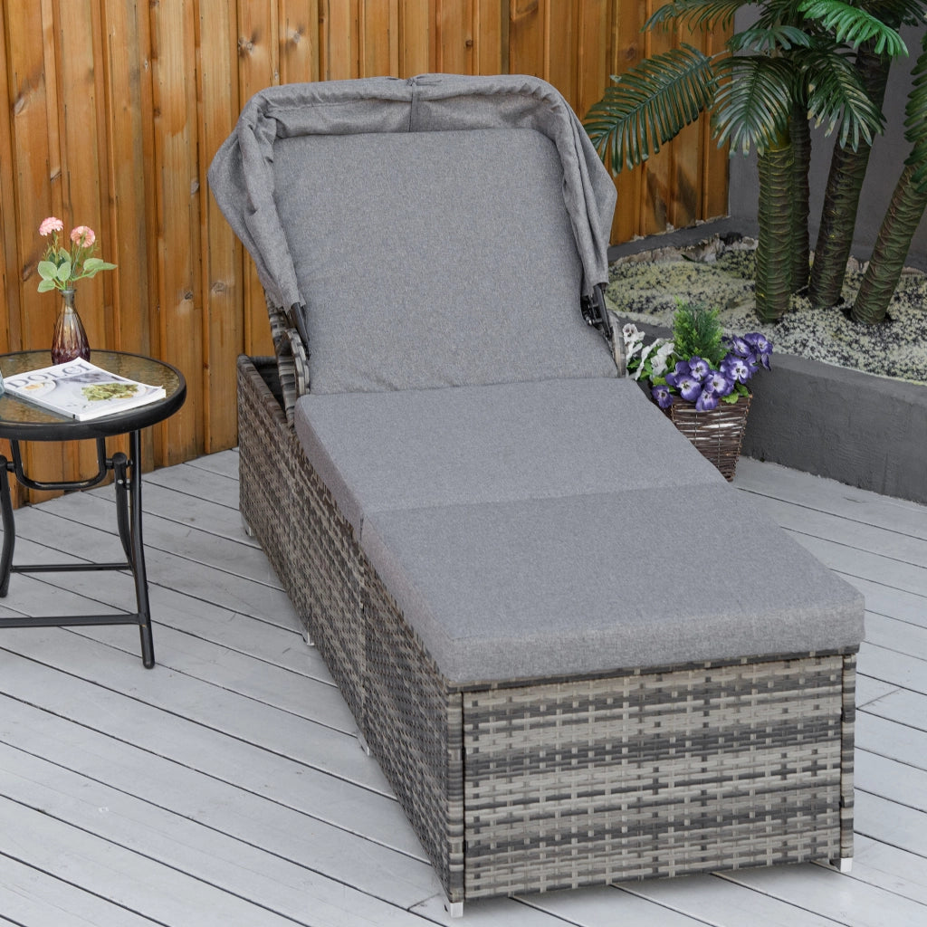 Lettino prendisole polyrattan con tettoia ¨C Xylo ¨C parasole regolabile con cuscino grigio 195x65x40