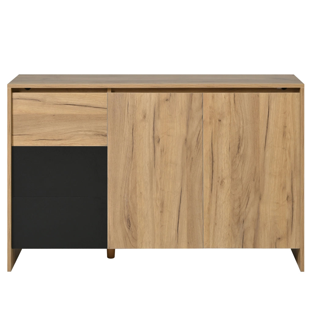 Credenza, 3 cassetti, illuminazione a LED, 120 x 76 x 40 cm, color legno naturale e nero