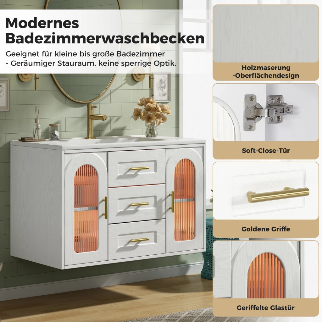 Mobile sottolavabo da bagno con 2 cassetti 2 armadietti LED e lavabo ceramica bianco 76 × 46 × 55 cm