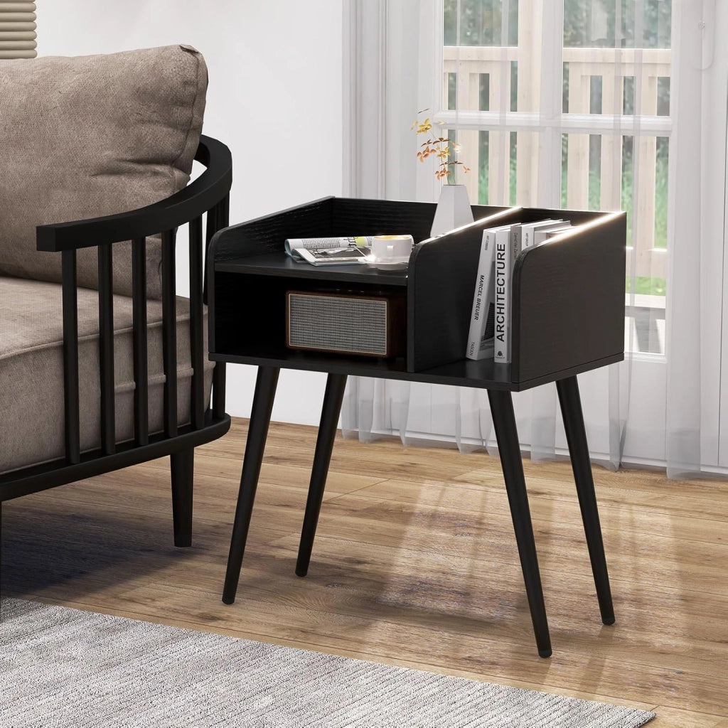 Set di 2 comodini, comodino con 3 scomparti aperti, tavolino in legno con 4 gambe di supporto in metallo, comodino per soggiorno, camera da letto, 50 x 32 x 58 cm (antracite)