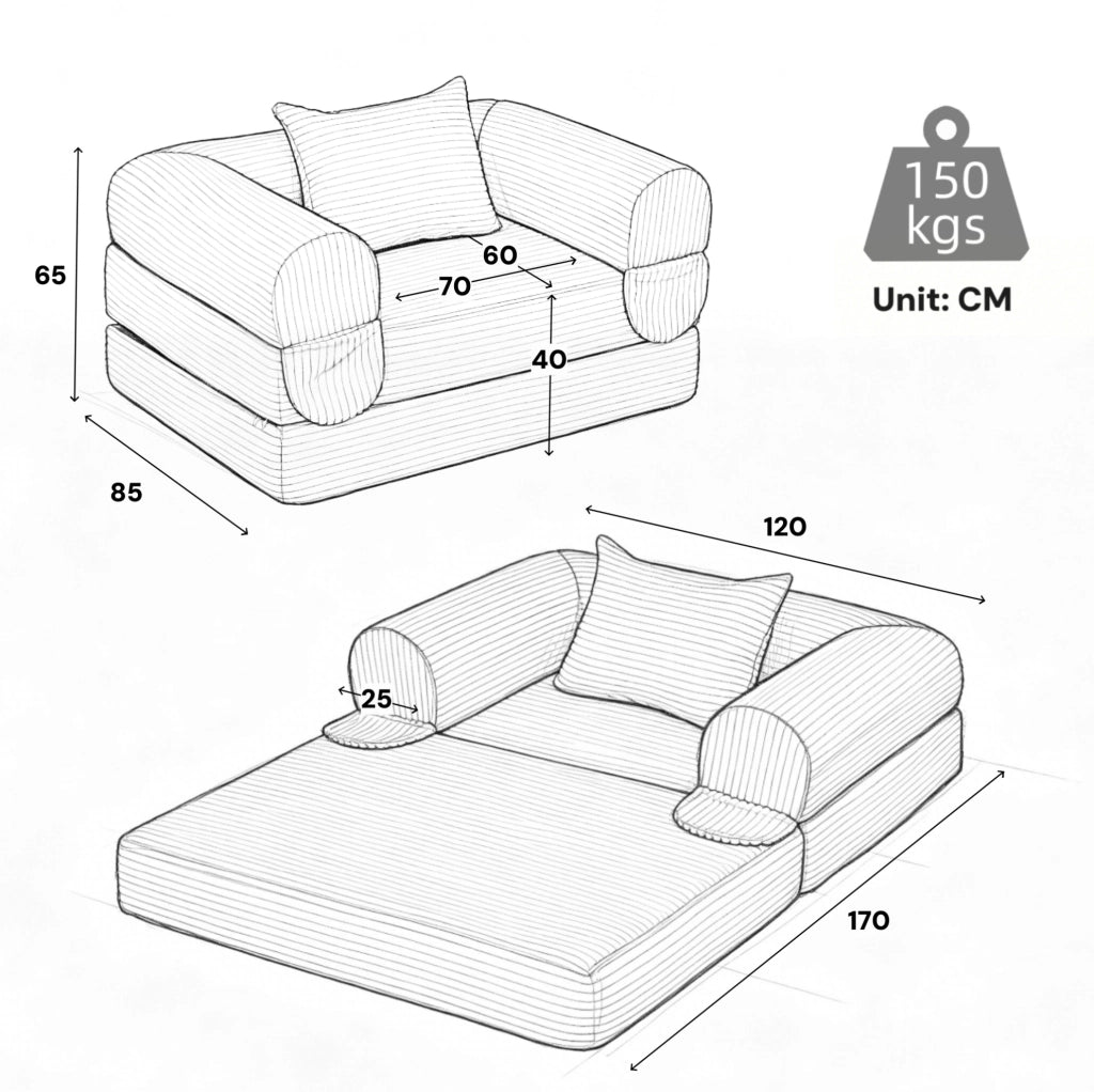 Poltrona letto singola trasformabile in velluto a coste beige