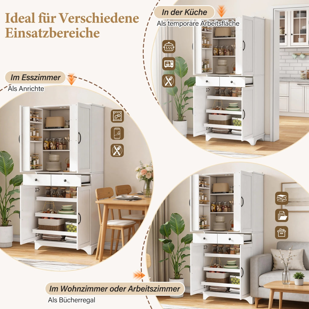 Credenza alta bianca con 2 ante; 2 cassetti e ripiano estraibile per cucina