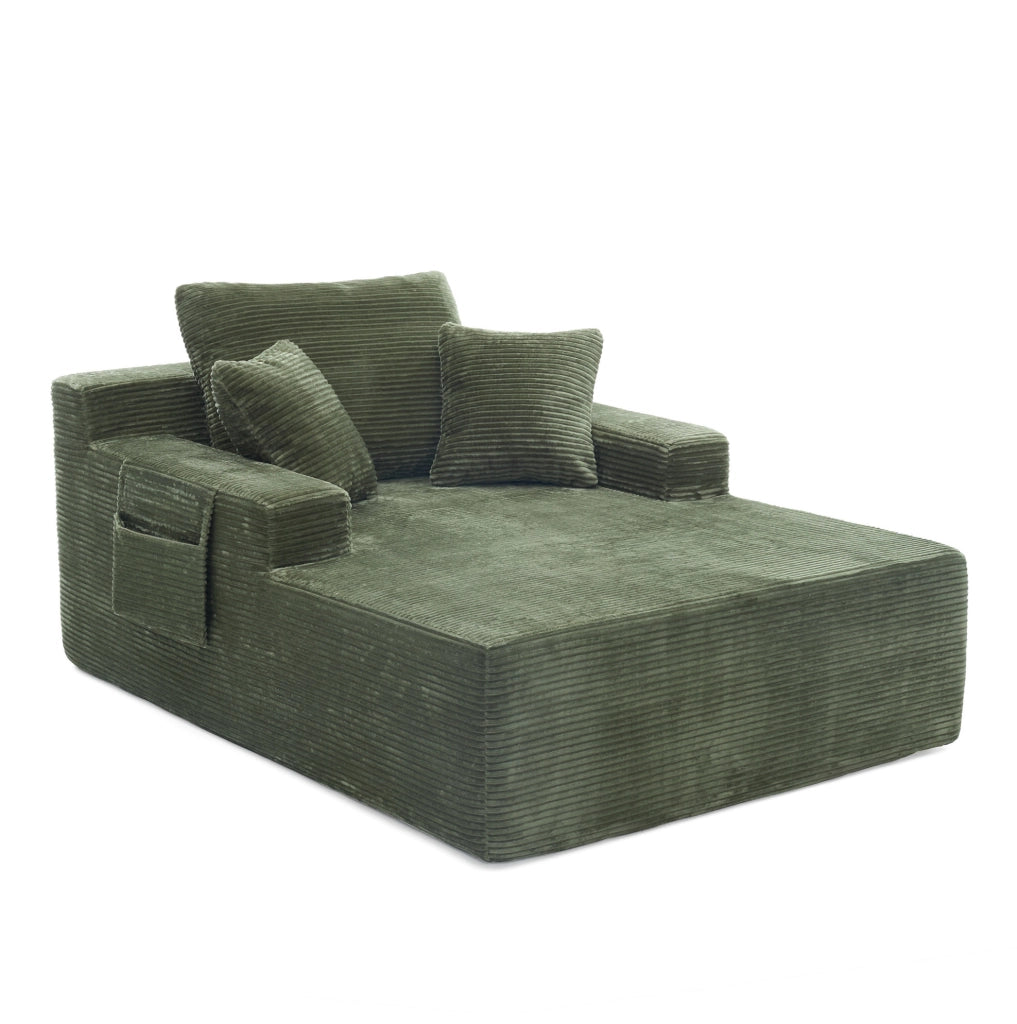 Sofa in velluto a coste con cuscini morbidi e tasche laterali per riporre telecomandi e smartphone, design semplice e moderno
