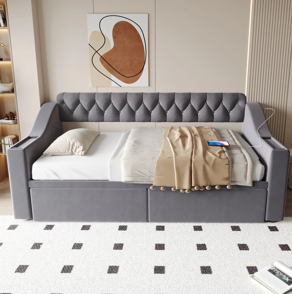 Divano letto imbottito con 2 cassetti contenitore; USB e Type-C; 90x190 cm; velluto grigio scuro
