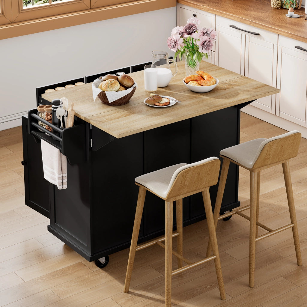 Carrello da cucina con cassetti; piano pieghevole; vano per pattumiera e portaasciugamani per cucina; in MDF; nero e naturale; 112 x 46;2-76;2 x 92;7 cm