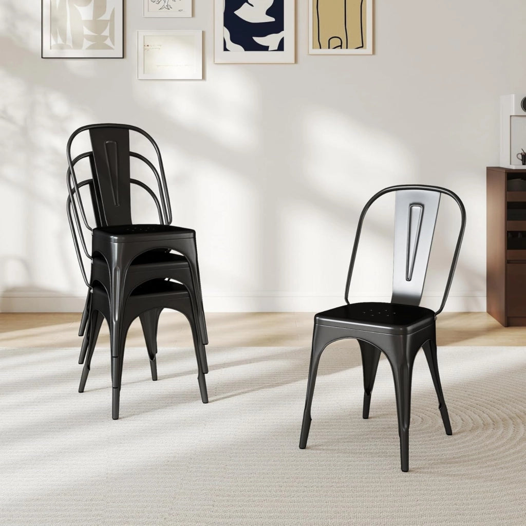 GrandCA HOME Set di 8 Sedie Industriali in Metallo, Sedie da Pranzo Impilabili in Stile Vintage, Adatte per Sedie da Giardino per Esterni o Interni Sedie da Patio, Nero