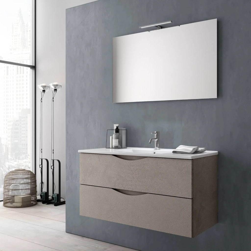 Mobile da Bagno Sospeso con Lavabo Specchio e Lampada a LED TFT Marte Avana Effetto Pietra