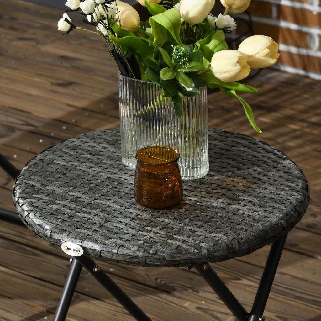 Set mobili da balcone pieghevole 3 pezzi con 2 sedie e tavolino rotondo in rattan sintetico grigio