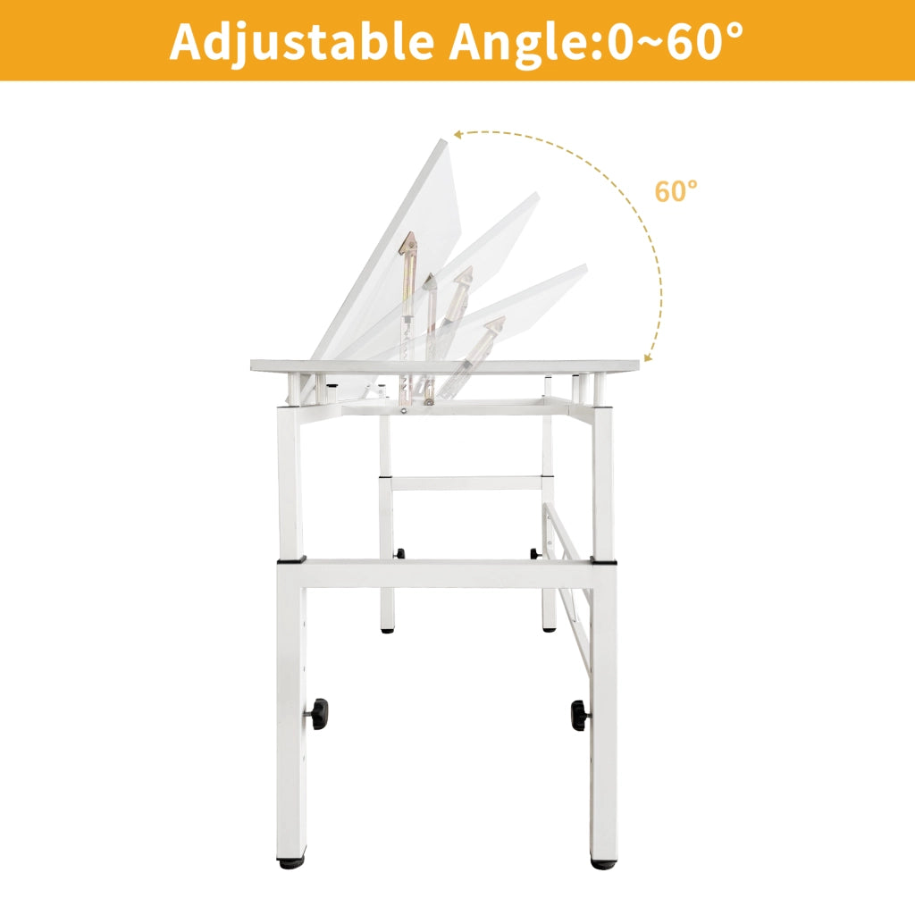 Scrivania lineare regolabile in altezza con piano inclinabile da 0 a 60 gradi per ufficio e studio in MDF e metallo bianco