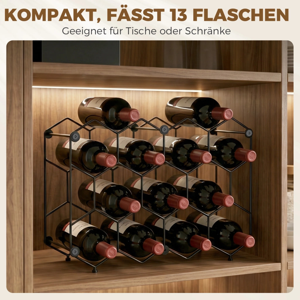 Portabottiglie da Vino in Metallo per 13 Bottiglie ¨C Xylo ¨C Design a Nido d'Ape, Piedini Regolabili, 43x15,5x31 cm, Nero