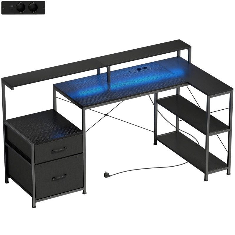 Scrivania gaming a L nera con LED e prese, 165 x 80 x 91,5 cm