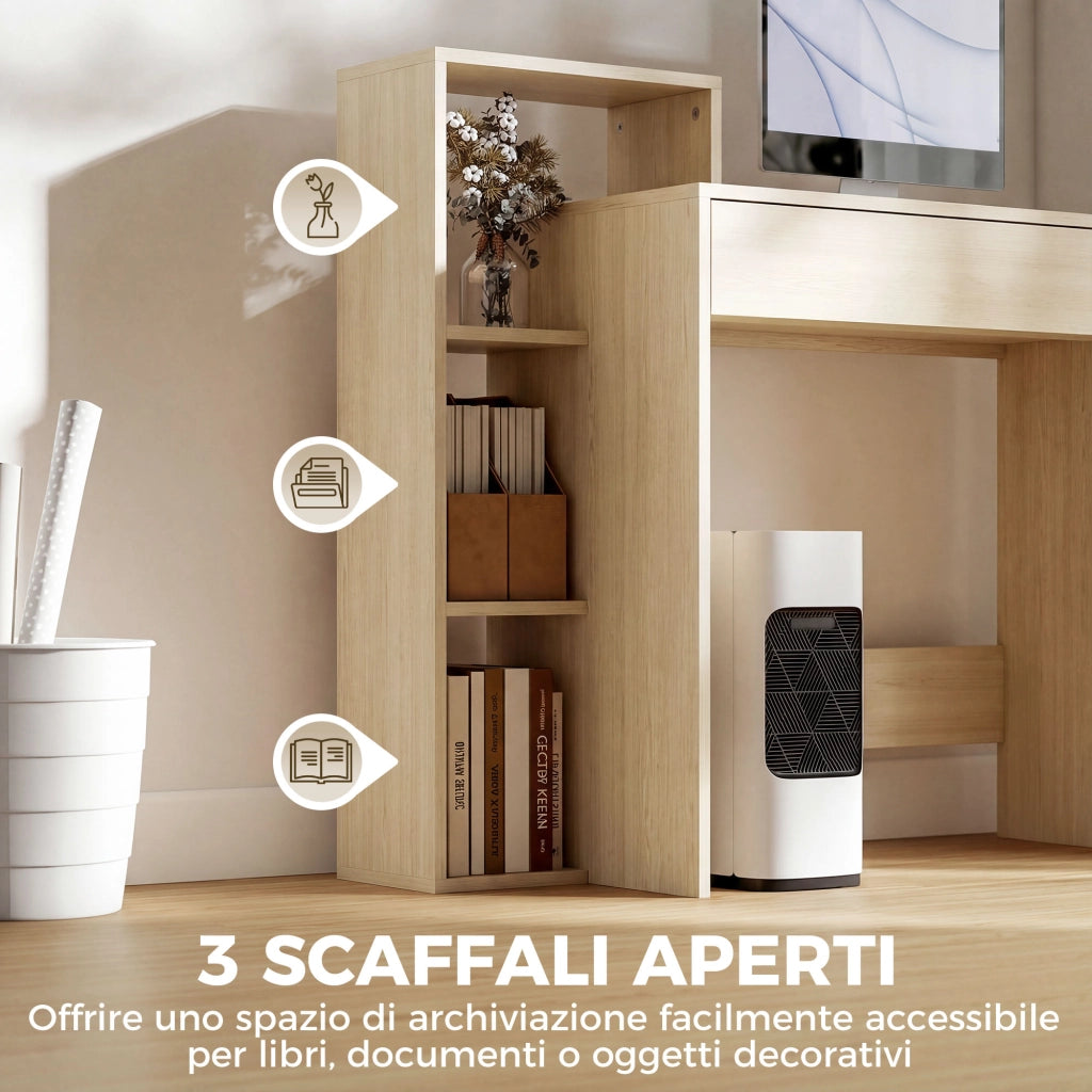 Scrivania PC Moderna 100x40x90 cm con 3 Ripiani Aperti e Cassetto in Legno