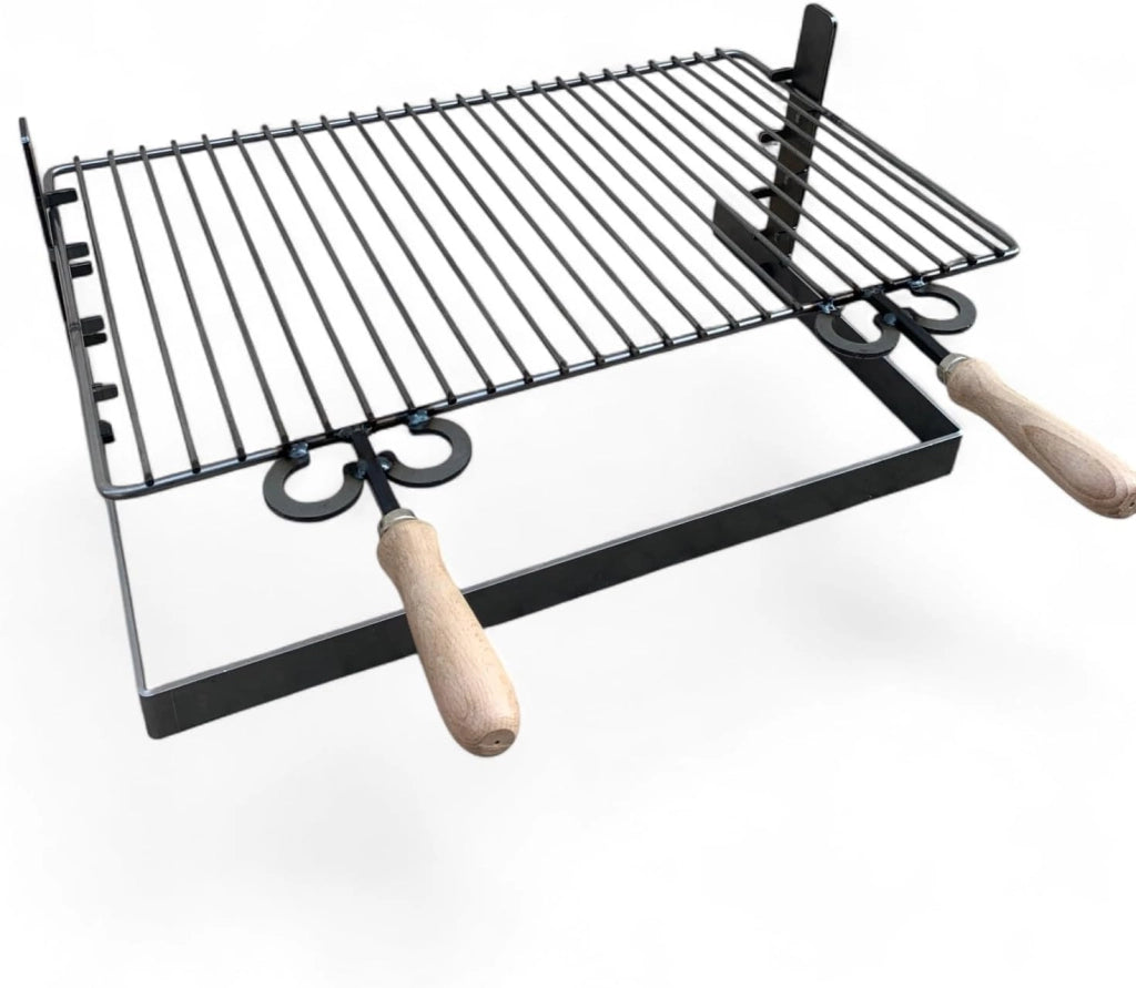 Griglia in ferro regolabile su più altezze, bistecchiera con manici in legno, per barbecue e camino per carne pesce verdure 70x45cm