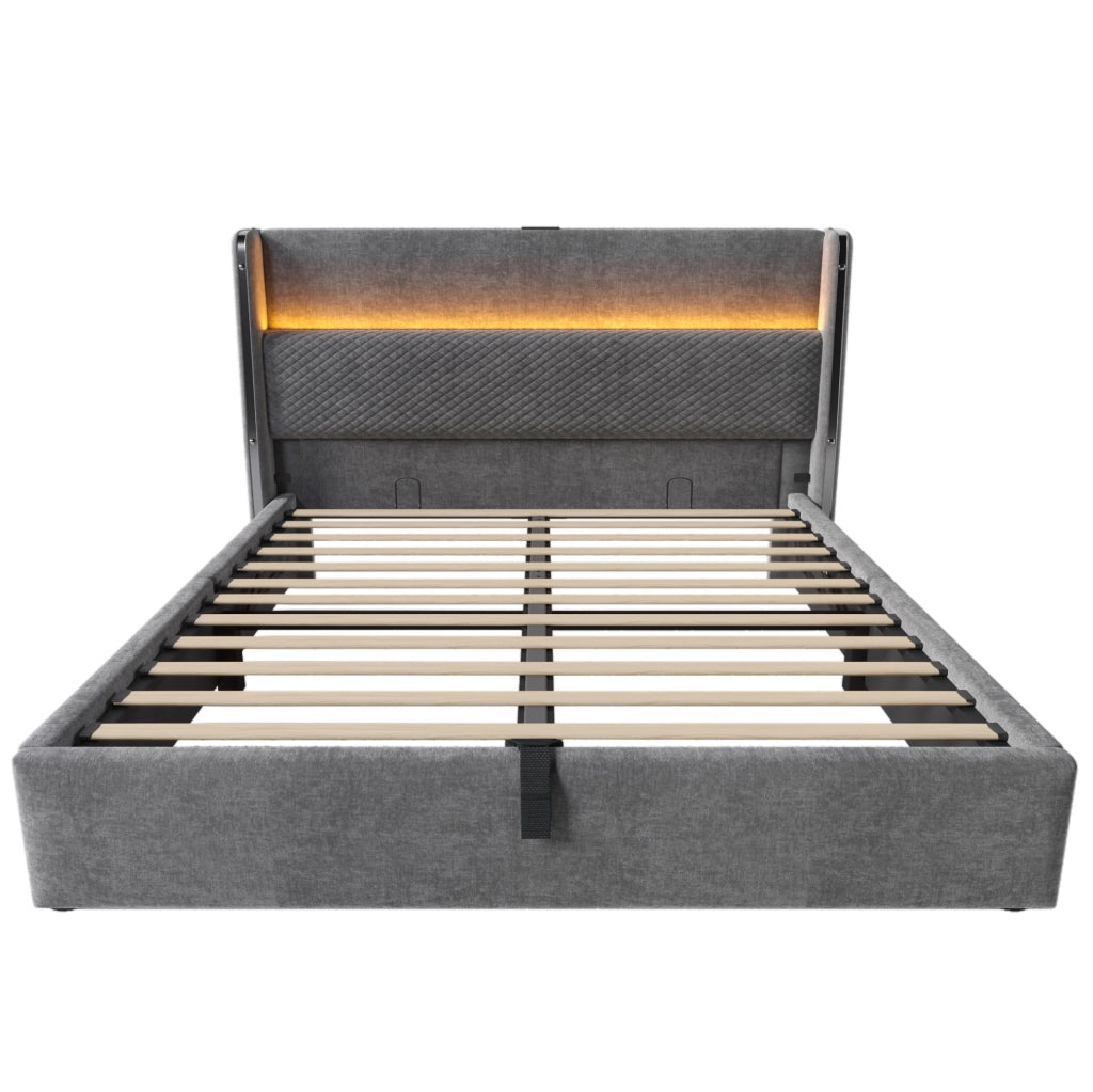Letto matrimoniale 160x200 cm con testiera alta; LED; contenitore e porte USB Type-C; grigio