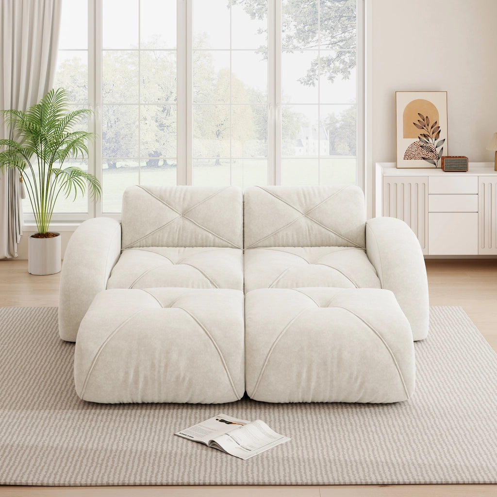 Divano modulare 2 posti senza struttura con due pouf in ciniglia beige chiaro per soggiorno e relax quotidiano