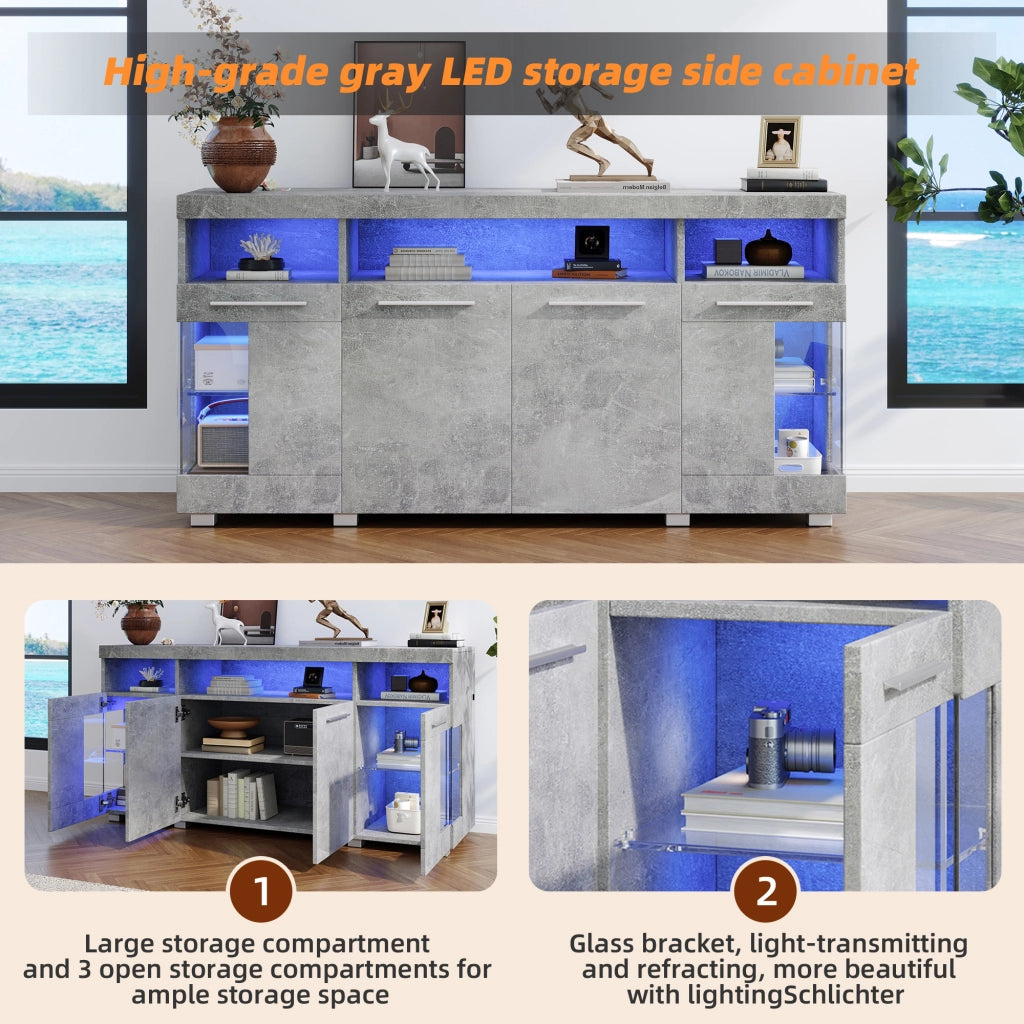 Credenza e madia con LED e ante in vetro temperato, 3 vani contenitore, per soggiorno, in MDF, grigio cemento 140 × 40 × 70 cm