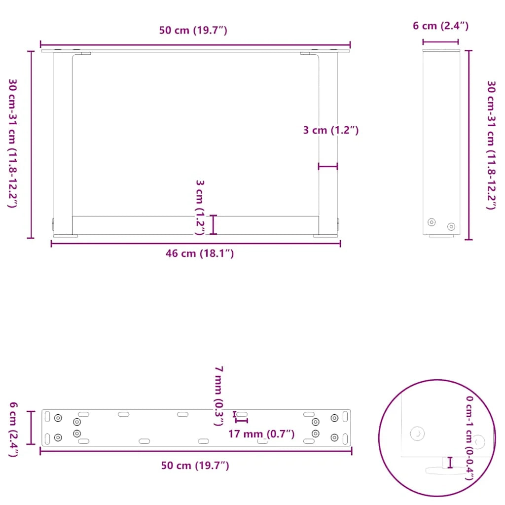 Set di 2 gambe per tavolino a forma di U 50 x 30 cm struttura robusta con moderni piedini livellatori in acciaio bianco 02_0057377