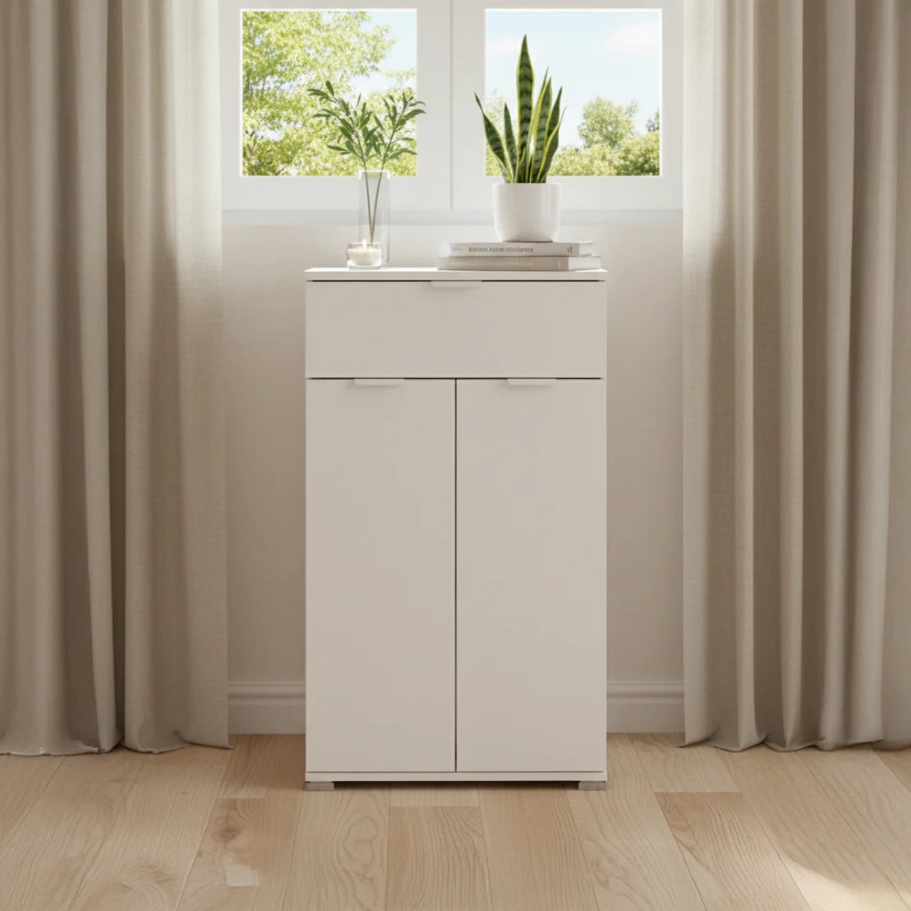 Comodino/Armadietto Bianco 2 Ante + Cassetto | Mobiletto Salvaspazio con 2 Ripiani Regolabili | Già Assemblato per Camera, Ingresso, Bagno e Soggiorno