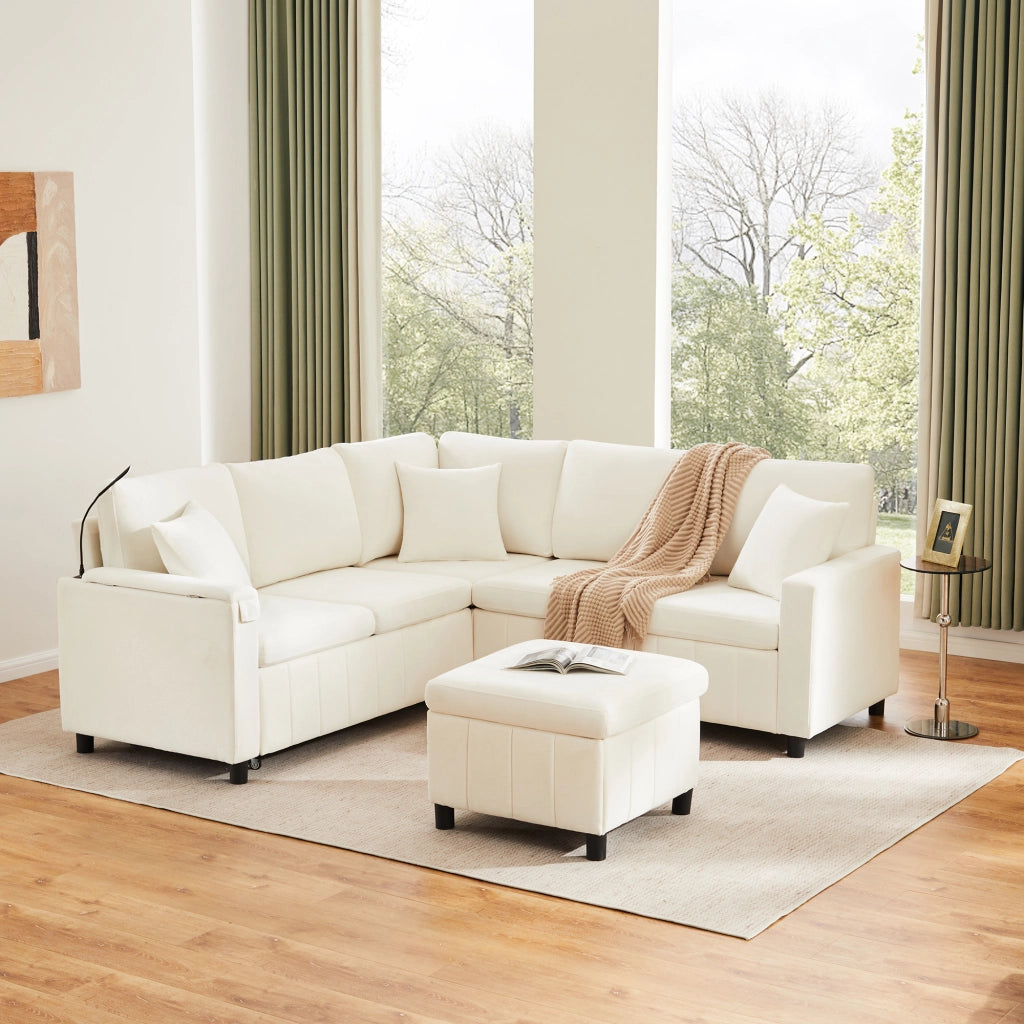 Divano angolare convertibile con letto estraibile, lampada da lettura e pouf contenitore in chenille beige 205 × 205 × 85 cm