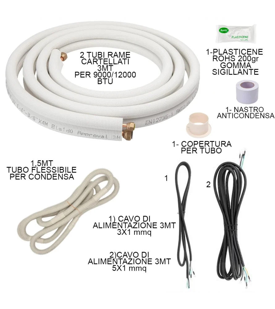 Climatizzatore AUFIT Freedom 12000 BTU + Kit Tubi Rame 3MT Cartellati Condizionatore Inverter R32 Monosplit WIFI