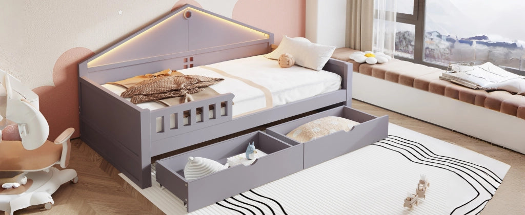 DESMIU Letto Singolo 1 Posto con 2 Cassetti e Barra Luminosa, Superficie Letto 90 × 200 cm, Senza Materasso, Grigio