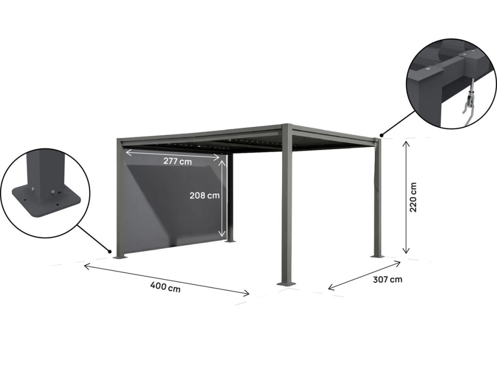 Pergola bioclimatica "Howard" con tenda in acciaio zincato - 3 x 4 m - Grigio