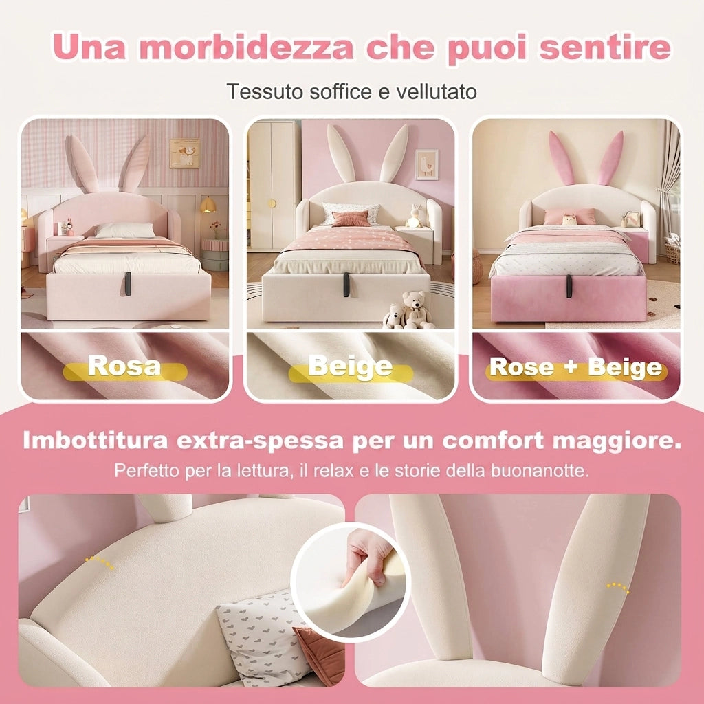 Letto singolo 90x200 con contenitore e comodino; letto imbottito design orecchie da coniglio; struttura letto in velluto beige