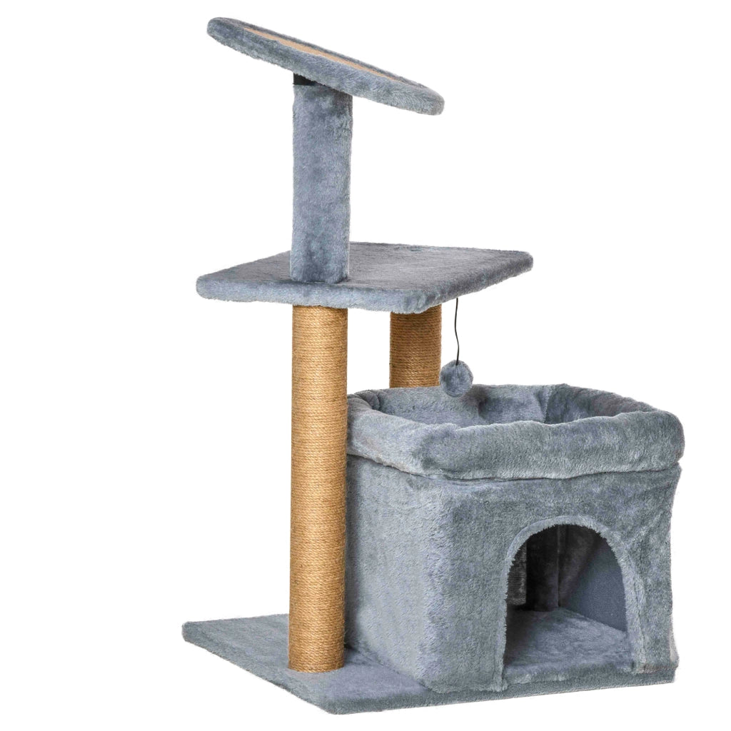 Tiragraffi per Gatti con Pali in Juta, Casetta e Cuscino, Rivestimento Peluche, Altezza 84cm, Grigio