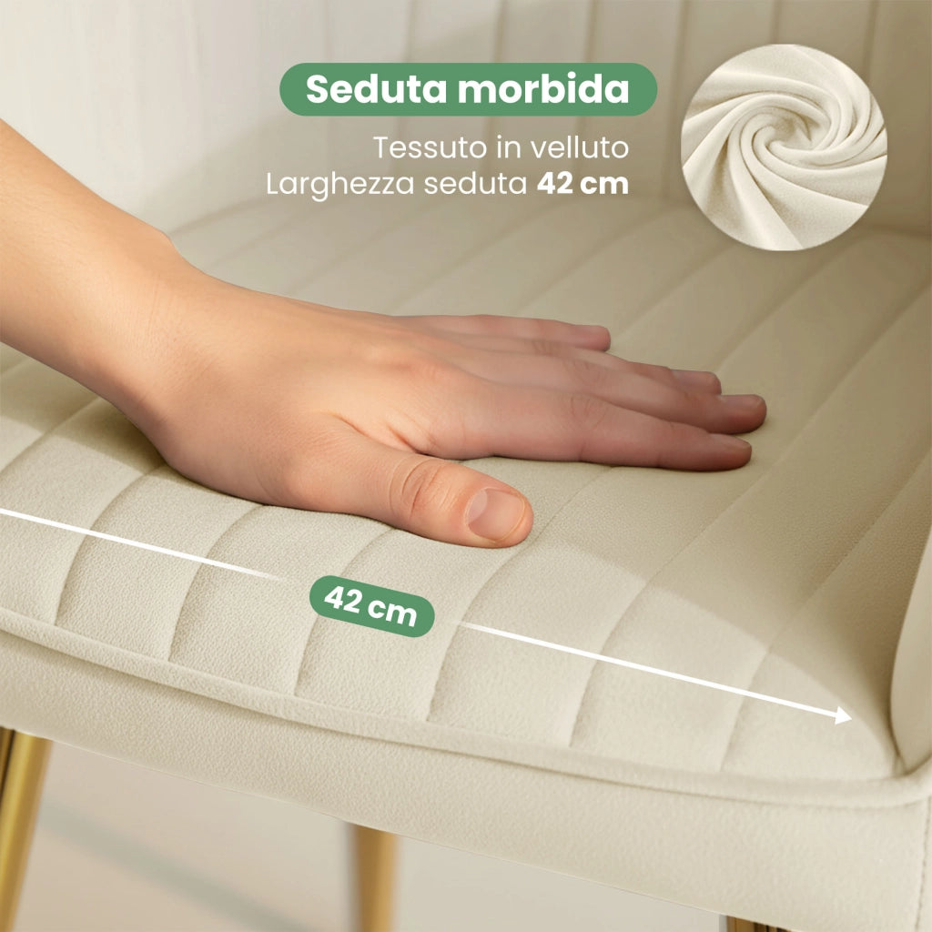 Set di 4 Sedie in velluto con cuciture verticali FLORENCE Crema gambe oro