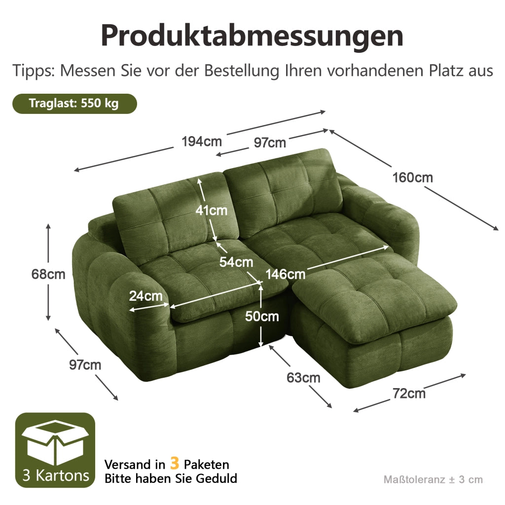 Divano ad angolo modulare 2 posti senza telaio con seduta ergonomica e pouf per salotto in ciniglia verde