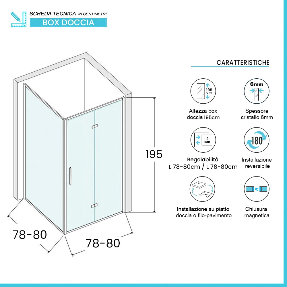 Box doccia angolare a soffietto 80x80 in vetro temperato trasparente con profili cromo Neos