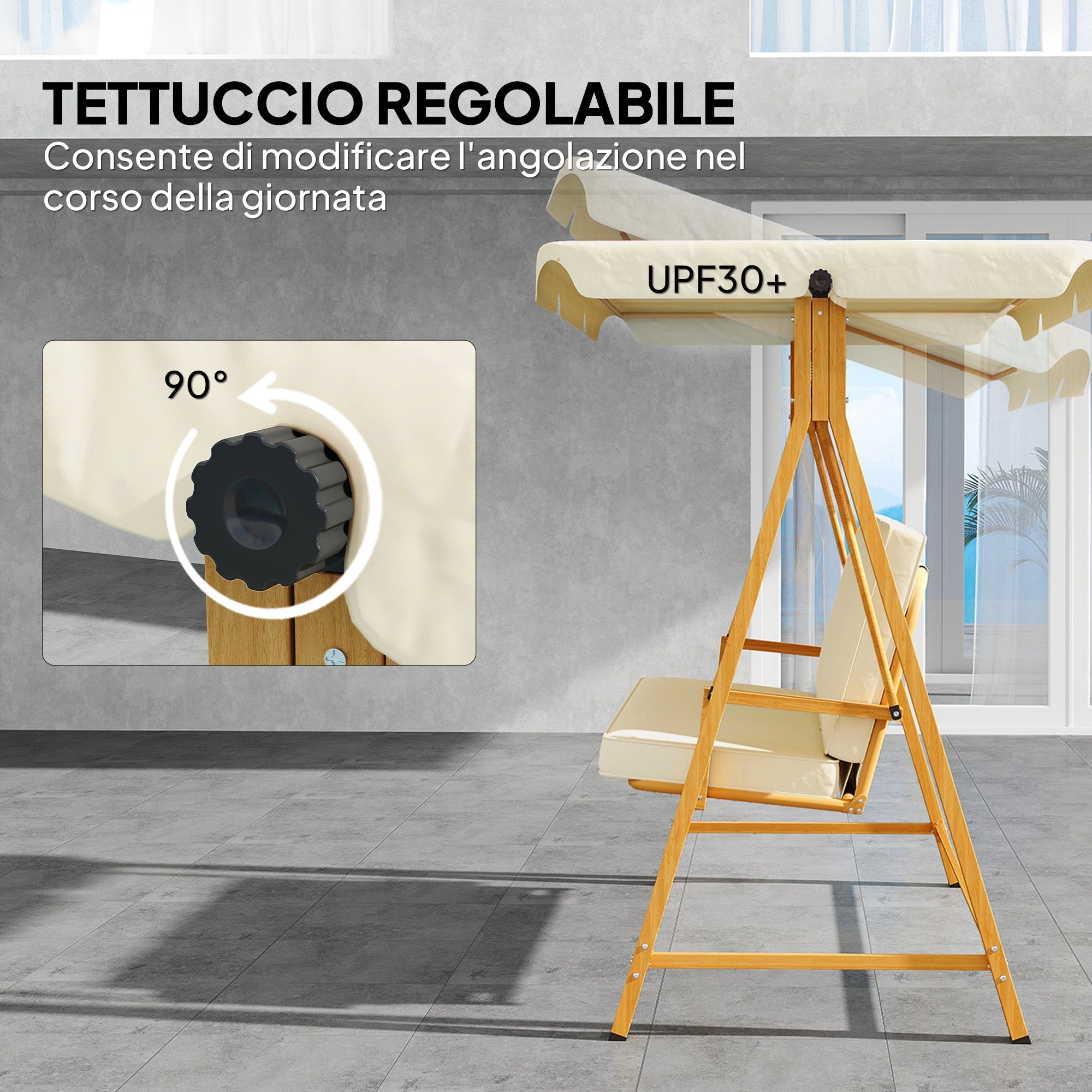 Dondolo da Giardino 3 Posti 195x120x170 cm con Tettuccio Regolabile Beige
