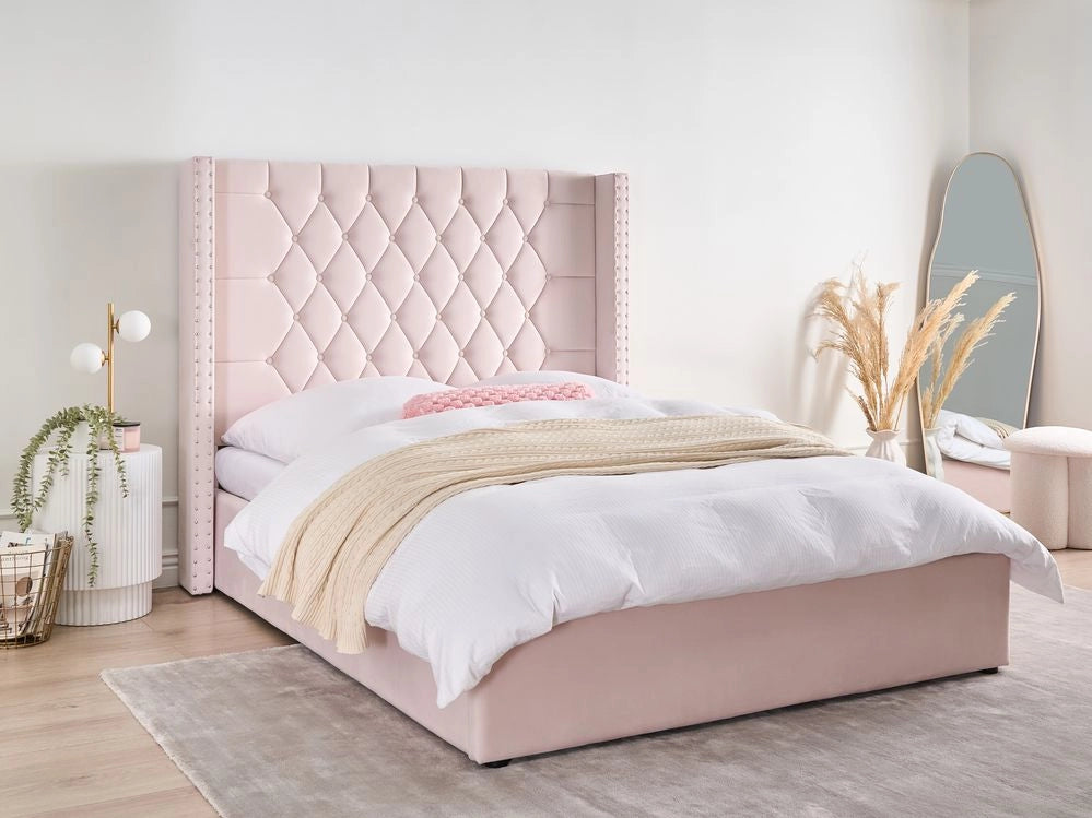 Letto contenitore velluto rosa pastello e argento 140 x 200 cm glamour elegante