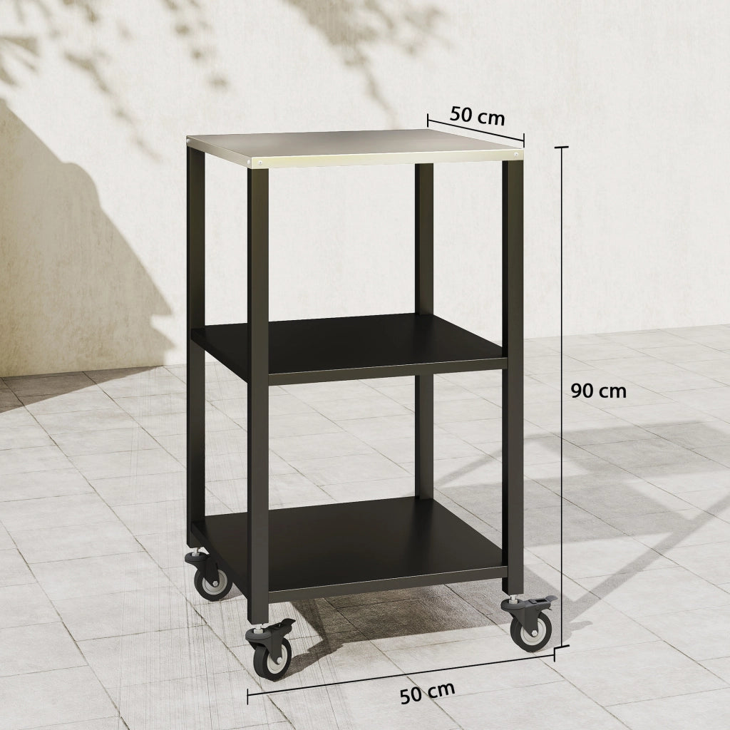Tavolo da giardino 3 piani con ripiano in acciaio inox e ruote ¨C zephmum ¨C 50x50x90 cm nero