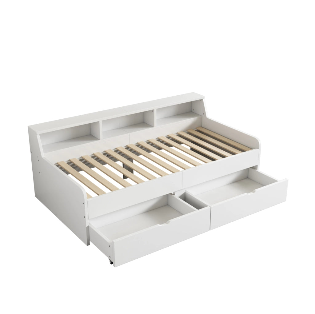 Letto da giorno 90x200 cm con 2 cassetti e vani contenitore; pino e MDF; bianco