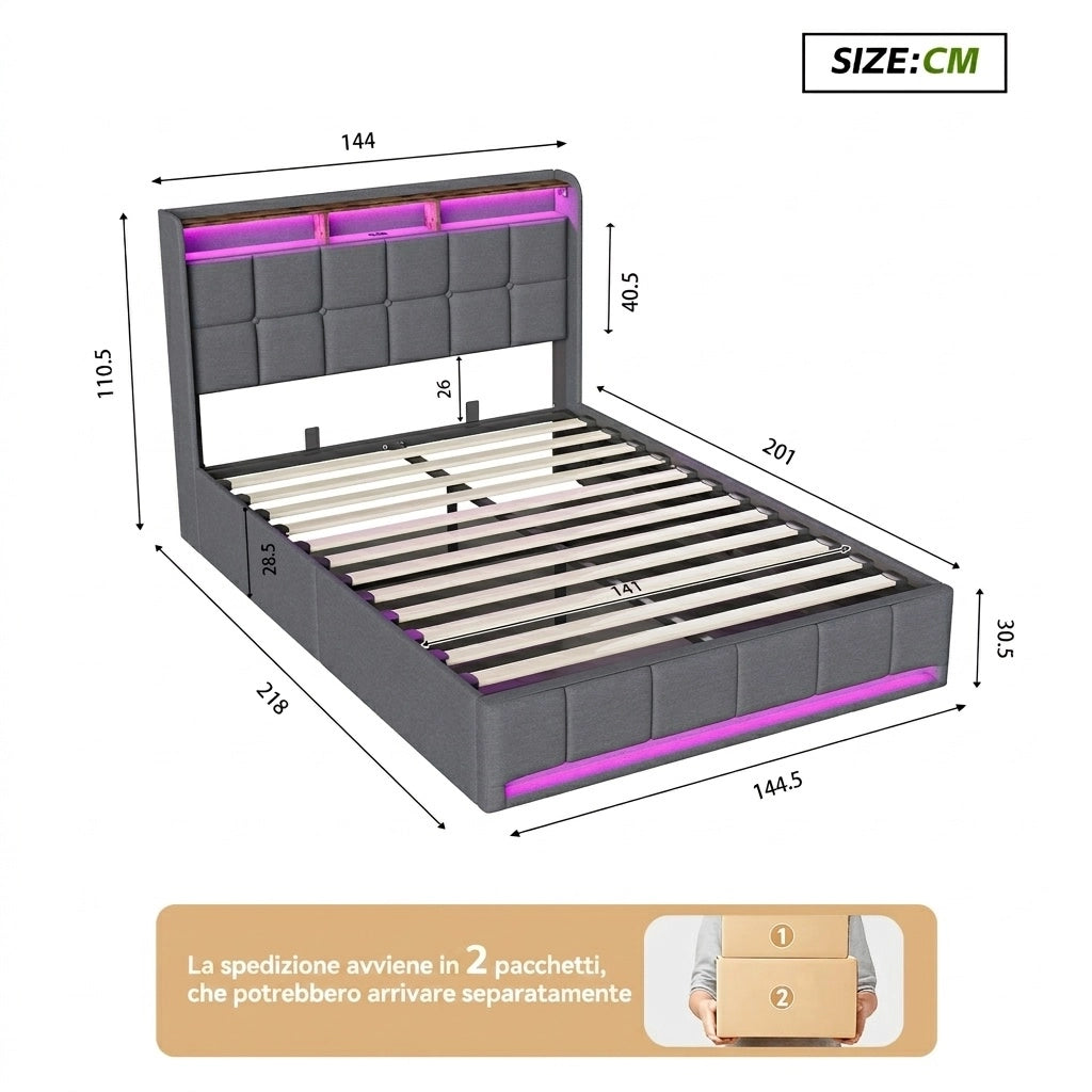 Letto una piazza e mezza 140x200 cm con contenitore LED USB testiera con mensola rete a doghe in lino - grigio